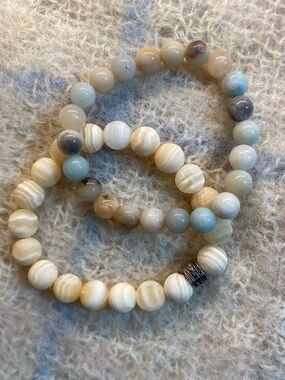 Set of 2 Natural Stone Beaded Bracelets | Banded Calcite & Mixed Gemstone